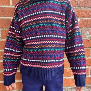 Vintage Kids Blue and Multicoloured Knit Sweater with Collar